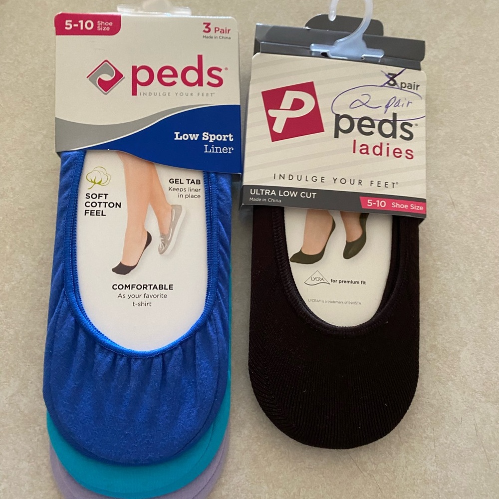 NWOT- 5 pr. Ladies Peds Indulge your feet,Low Sport Liner w/Gel Tab,Fits 5-10